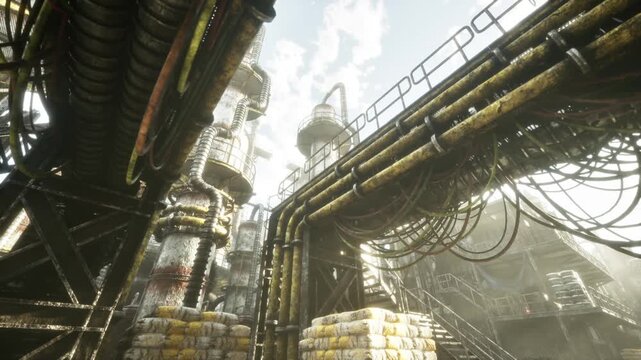 overhead cable arteries cross sunlit junction, massive pipes and bundled wiring span between towers, neon reflections and metallic glare create kinetic