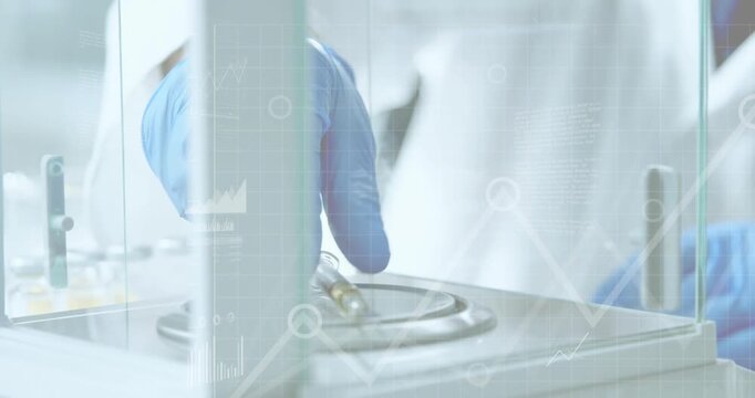 Lab technician opening balance door placing vial on pan for weighing with overlay flickering glass