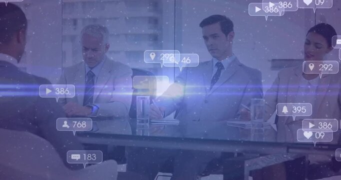 Candidate delivering pitch at glass table launching social media icons around panel showing growth
