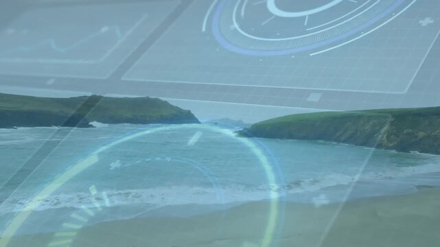 Time advancing initiating wave morphing and HUD pulsing over calm coastal bay for live data display