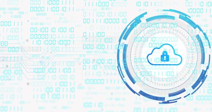 Circular HUD emerging from right edge, pulsing rings and tracing lines showing cloud lock security