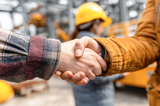 Two people shake hands at an industrial site with a worker wearing a yellow safety helmet blurred in the background.