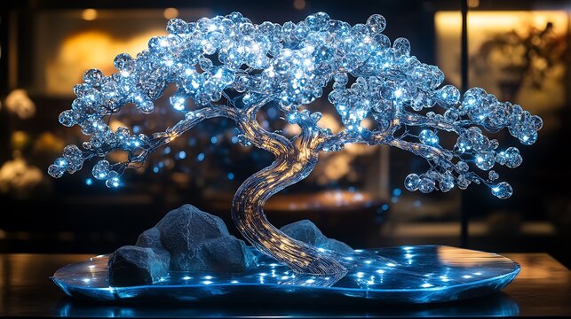Acrylic bonsai tree decorated with blue lights