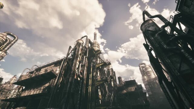 Sunrise over industrial megastructure with glowing metal towers and interconnected pipes, warm light bathing rusted platforms and casting long shadows distant