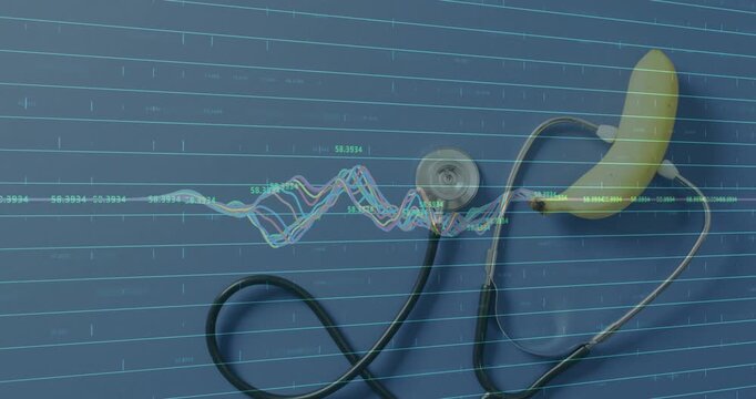 health waveform animating from left across blue grid, peaking over stethoscope while banana staying