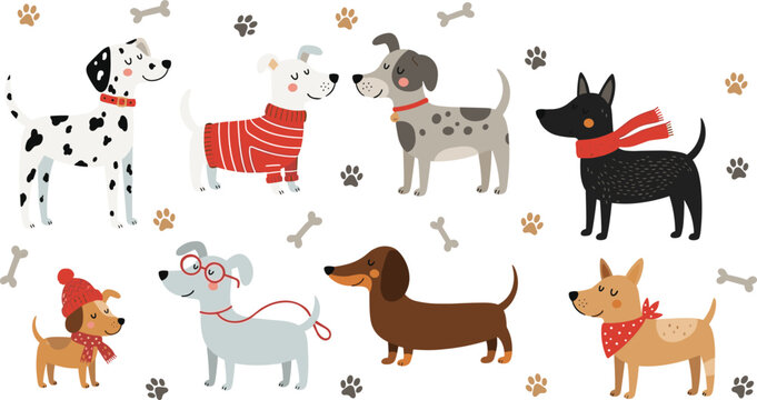 Cute Pet Dog Vector Character Set Featuring Dalmatian, Dachshund, and Terriers Wearing Winter Sweaters, Scarves, and Glasses for Festive Cards and Nursery Decor