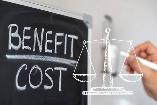 Subject: Benefit cost analysis. Action: A hand is writing "Benefit Cost" on a chalkboard with a pen, superimposed over a drawing of scales of justice. Setting: A professional office environment.