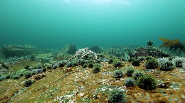 Glimpse the bustling Barents Sea floor where Flexopecten ponticus scallops and crabs thrive. A wondrous mosaic of life flourishes, revealing the ocean's hidden beauty and diverse inhabitants.