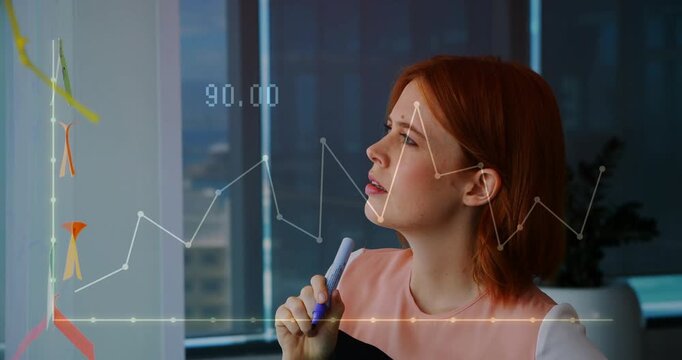 Female business analyst raising marker, drawing line graphs on glass and analyzing numeric overlay