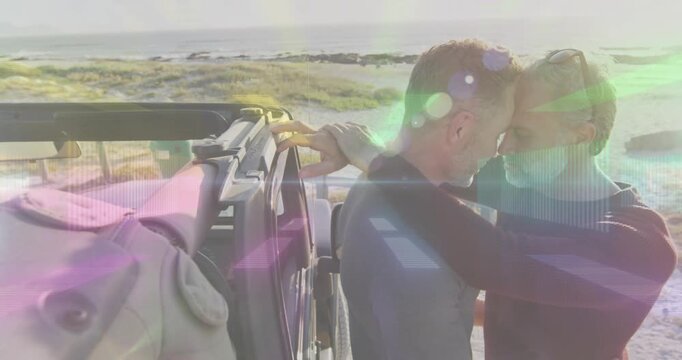Two men placing hands on roll bar, embracing, sharing intimacy on coast, lens flare travel ad