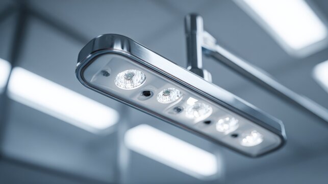 Closeup of a medical exam light with adjustable dimmer controls casting soft layered illumination on a sterile clinical environment for precise assessments.