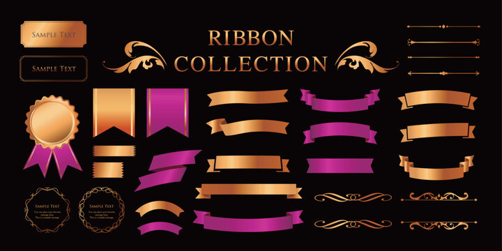 リボンの装飾デザインセットとアンティークな罫線やフレームデザイン
