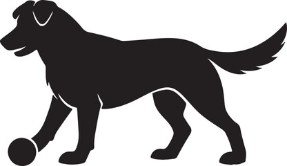 Fototapeta premium Black silhouette of a playful dog with a ball, isolated on a white background. Vector illustration of a loyal pet standing in a side view profile.