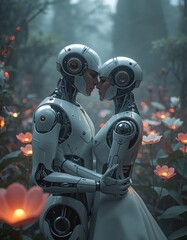Fototapeta premium Robotic pair wanders through a futuristic garden glowing with neon flora. Serene mist and metallic reflections enhance the photorealistic cinematic atmosphere.