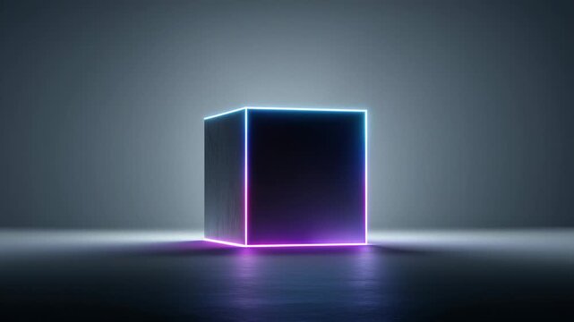 Minimal glowing cube isolated on neutral gray backdrop with soft lighting in a simple studio setup