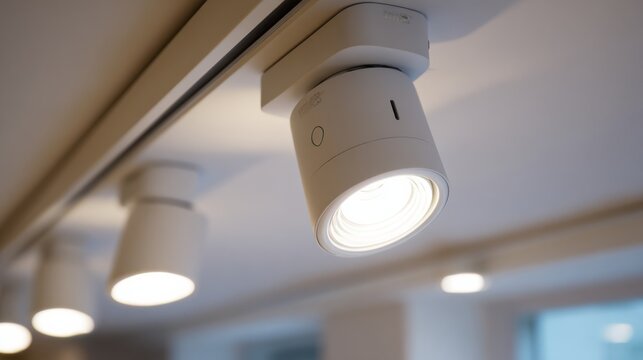Focused shot of adjustable LED uplights mounted on a clinic ceiling subtly showcasing their ability to create a soothing atmosphere while reducing energy consumption.