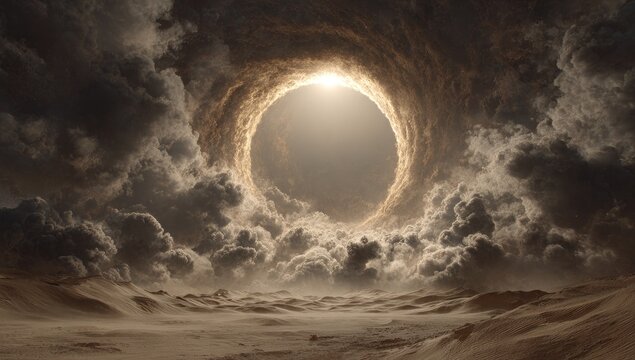 Surreal digital art depicts a dramatic, circular portal in a stormy sky above a barren landscape