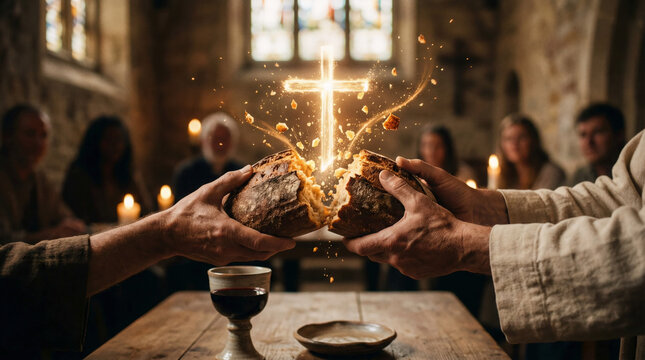 Breaking bread communion scene, christian eucharist concept photography
