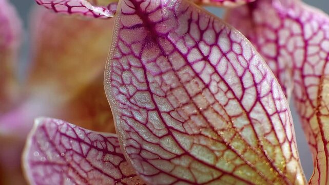 Close-up look at a purple orchid flower showing detailed patterns and textures in a natural light setting