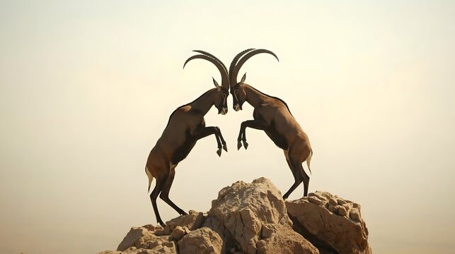 Two male ibex goats clashing horns on rocky outcrop against hazy sky, wildlife fight