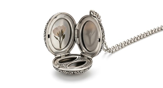 A beautiful silver locket with a flower inside opens on a chain