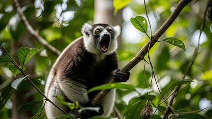 Fototapeta premium Black and White Ruffed Lemur Yawning in Lush Green Forest Canopy