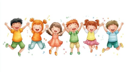 Fototapeta premium Joyful Children Jumping Together in a Colorful Illustrative Scene of Happiness and Fun