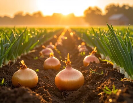 Onions lay in a field at sunrise, lined in neat rows with green stalks