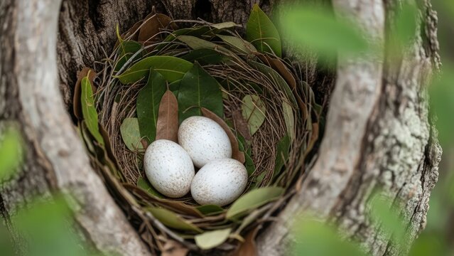 Three Speckled Bird Eggs Nestled in Tree Cavity Surrounded by Leaves