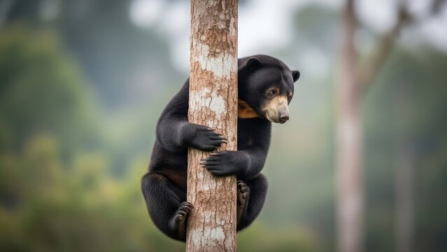 Sun Bear Climbing Tree Trunk in Lush Green Rainforest, Wildlife Photography
