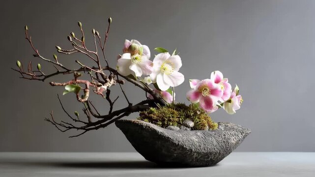 Creating a flower arrangement with pink blooms and branches on a stone base in a simple setting