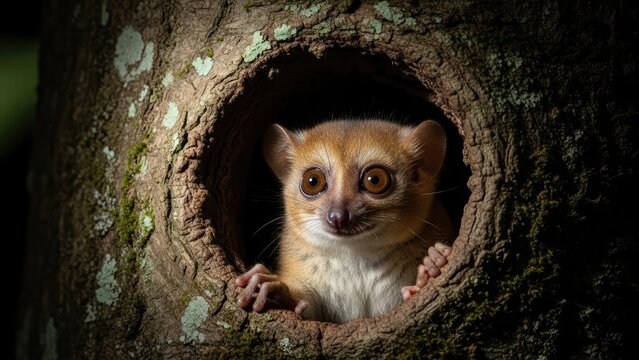 Cute mouse lemur peeking from a hollow in a tree trunk, wildlife close-up