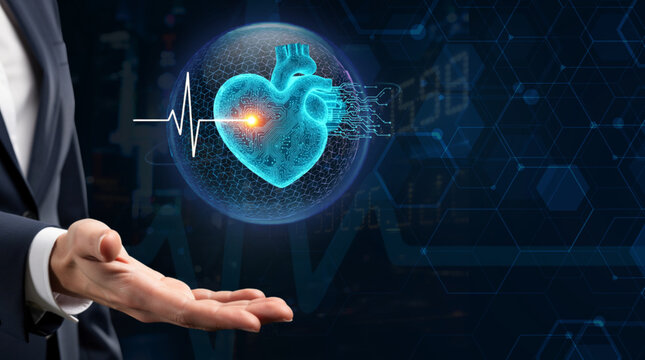 Heart with ECG Heartbeat Line and Data Streams on Tech Background HealthTech and Cardiology AI Concept