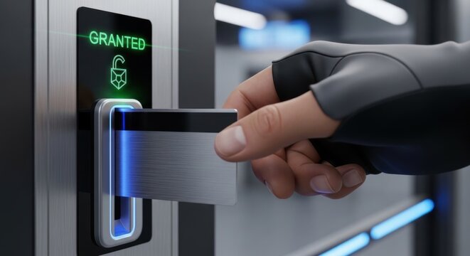 Hand inserting security key card modern electronic reader with granted access notification, for digital safety, corporate security protocols, successful authorization