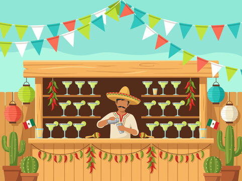 Fiesta Bar setup with bartender pouring drinks decorated with Mexican flags and festive bunting for a vibrant celebration