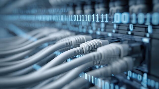 Close-up of Network Cables Running Inside a Computer Server with Binary Code Overlay
