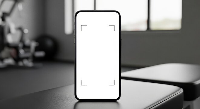 Modern smartphone with a blank white screen standing upright on a black leather weight bench in a blurred professional gym interior, perfect for fitness app product mockup design