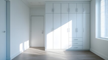 Fototapeta premium Wide view of clean white empty room with built-in wardrobe.