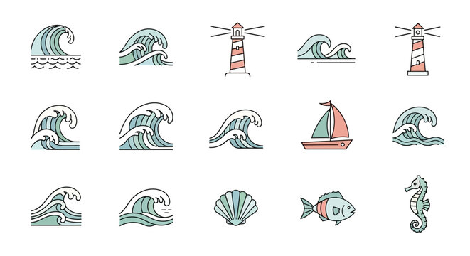 Seashells and ocean waves icons.