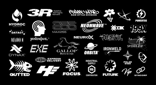  Fictional tech, streetwear, and industrial logos. Y2K Fake logo collection. Ideal for branding mockups, digital design concepts, streetwear prints. Industry and brands logotypes. Vector graphic set