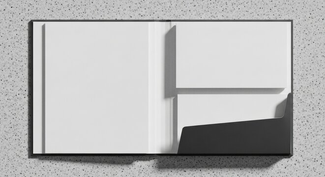 Open blank presentation folder with internal black pocket and white paper inserts lying flat on a grey textured concrete background for professional product mockup design