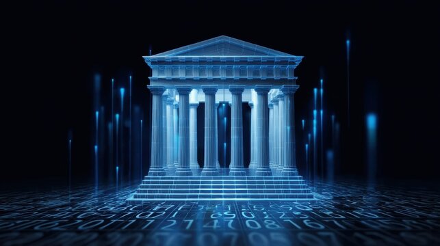 Futuristic Hologram of an Ancient Greek Bank Set Against a Digital Background with Binary Code