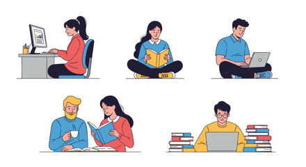Fototapeta premium Students and remote workers using laptops and reading books to illustrate educational study and professional productivity.
