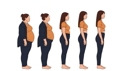 Fototapeta premium Sequential side view of a woman showing her body transformation through a successful weight loss and healthy lifestyle journey.