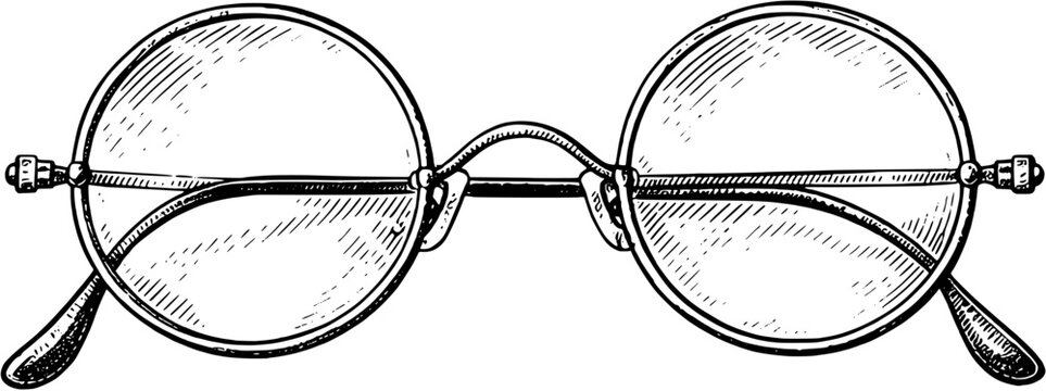 Round Vintage Wire Frame Glasses Engraving Style Ink Illustration Vector