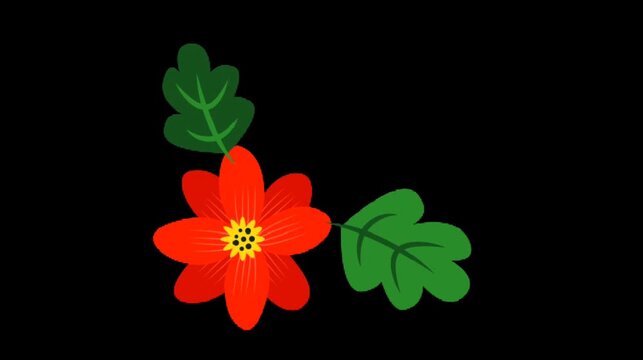 Bright red flower animation with green leaves on black background simple floral design soft blooming motion
