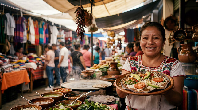 Smiling Indigenous Mexican Woman Presenting Tlayuda at Colorful Oaxacan Market Stall