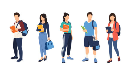 Obraz premium Diverse group of five students stands together holding books and wearing backpacks ready for a new day of learning.