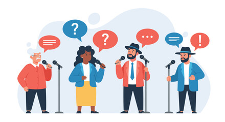 Fototapeta premium Four diverse speakers participate in a panel discussion or press conference while expressing their thoughts into microphones.