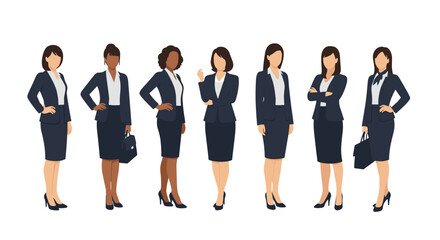 Fototapeta premium Group of professional businesswomen from diverse backgrounds standing confidently in formal navy blue suits on a plain white background.